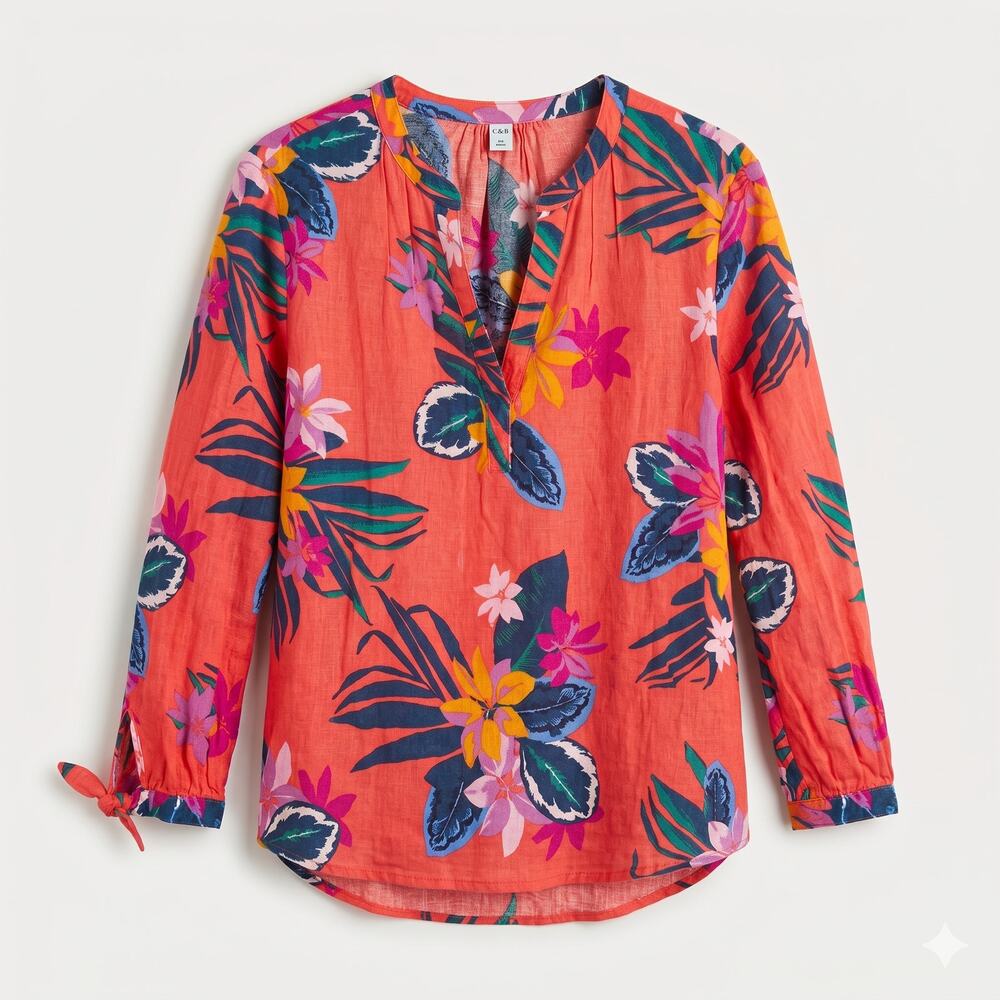 Old Navy Womens XL Boho Tropical Resortwear Linen Blend Floral V-Neck Blouse